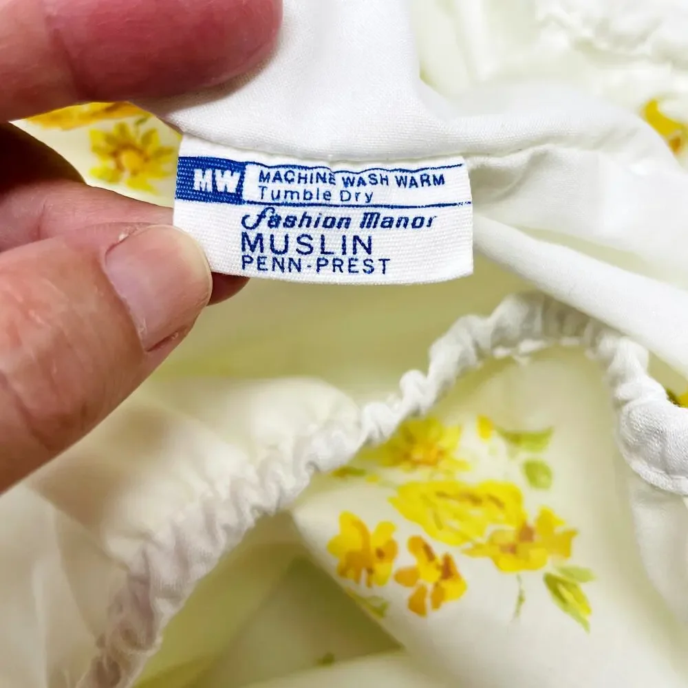 Vintage Yellow Floral Double Fitted Sheet Muslin Cotton Polyester Roses